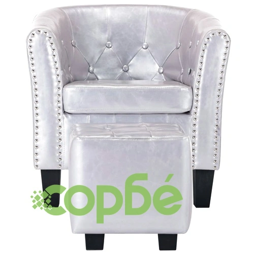 Фотьойл с табуретка за крака блестящо сребрист изкуствена кожа ➤ топ цена ➤ sorbe.bg