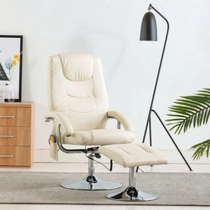 Масажен реклайнер с табуретка, кремавобял, изкуствена кожа