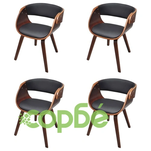 Трапезни столове, 4 бр, кафяви, извито дърво и изкуствена кожа ➤ топ цена ➤ sorbe.bg