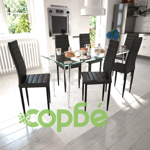 Трапезни столове, 6 бр, черни, изкуствена кожа ➤ топ цена ➤ sorbe.bg