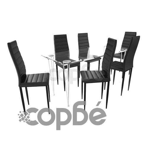 Трапезен комплект 6 черни стола Slim Line и 1 маса със стъклен плот ➤ топ цена ➤ sorbe.bg