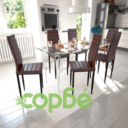 Трапезен комплект 6 кафяви стола Slim Line и 1 маса със стъклен плот ➤ топ цена ➤ sorbe.bg