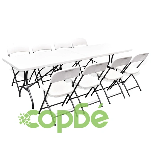 Сгъваем градински трапезен комплект, 9 части, HDPE, бял, 244 см ➤ топ цена ➤ sorbe.bg