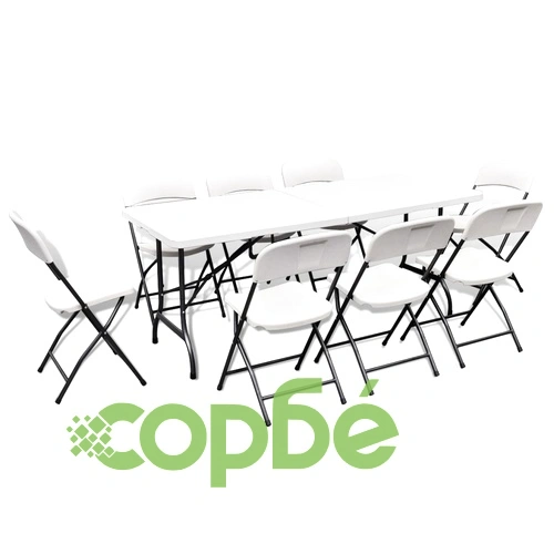 Сгъваем градински трапезен комплект, 9 части, HDPE, бял, 180 см ➤ топ цена ➤ sorbe.bg