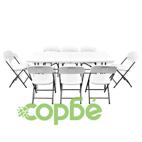 Сгъваем градински трапезен комплект, 9 части, HDPE, бял, 180 см ➤ топ цена ➤ sorbe.bg