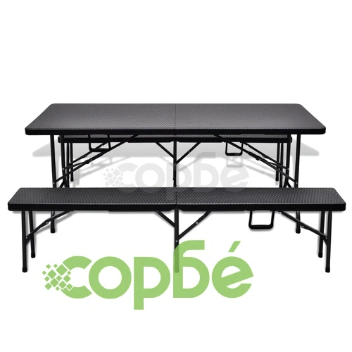 Градинска маса с 2 пейки, HDPE, черна, ратанов вид ➤ топ цена ➤ sorbe.bg