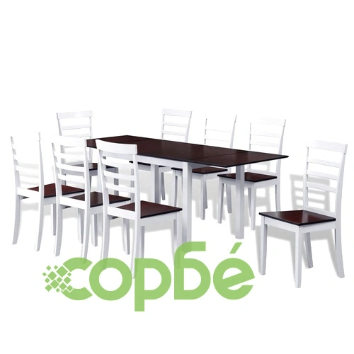 Комплект разтегателна маса и 8 стола, кафяво и бяло, солидно дърво ➤ топ цена ➤ sorbe.bg
