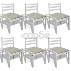 Трапезни столове, 6 бр, бели, масивно дърво и кадифе