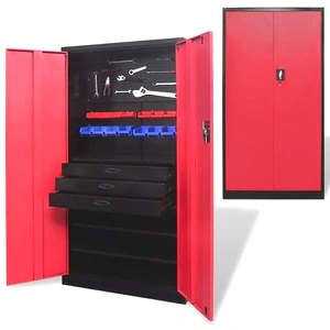 Метален шкаф за инструменти с подвижни сандъци, червено/черно