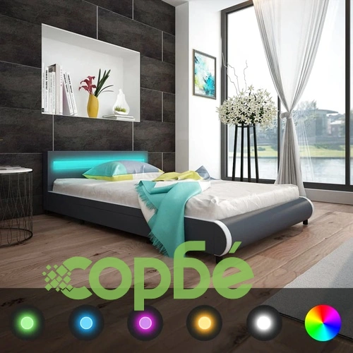 Легло с матрак, LED, сиво, изкуствена кожа, 140x200 см ➤ топ цена ➤ sorbe.bg
