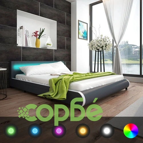 Легло с мемори матрак, LED, сиво, изкуствена кожа, 180x200 см ➤ топ цена ➤ sorbe.bg