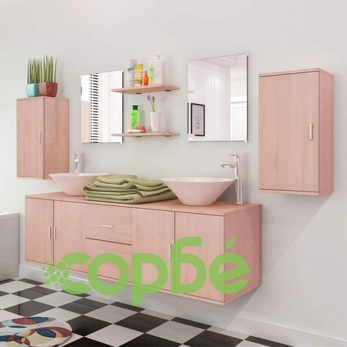 комплект мебели от 9 части и мивка за баня, бежов цвят ➤ топ цена ➤ sorbe.bg