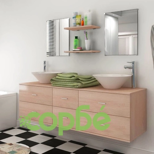 Комплект мебели за баня от 7 части и мивка, бежов цвят ➤ топ цена ➤ sorbe.bg