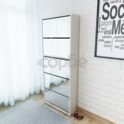 Шкаф за обувки с петорно огледало, бял, 63x17x169,5 cм