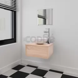 Комплект мебели за баня, с мивка и кран, бежово, 4 части