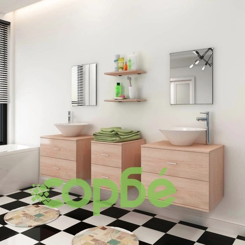 комплект мебели за баня от 9 части с мивки и смесители, бежови ➤ топ цена ➤ sorbe.bg
