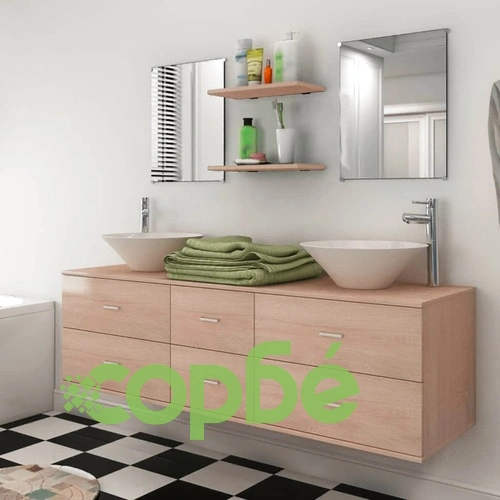 комплект мебели за баня от 9 части с мивки и смесители, бежови ➤ топ цена ➤ sorbe.bg