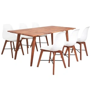 Трапезен комплект, 7 части, акациево дърво, бял