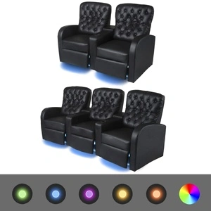 Комплект LED реклайнери 2 + 3 седалки, изкуствена кожа, черно 