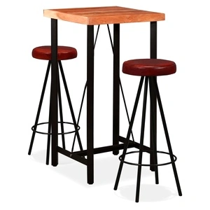 Бар комплект, 3 части, акациево дърво масив и естествена кожа