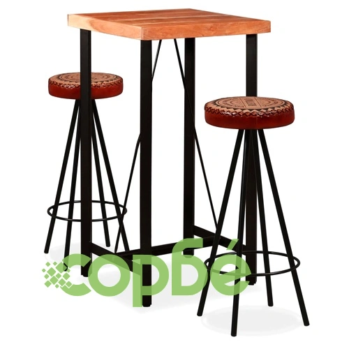 Бар комплект, 3 части, акация масив, естествена кожа и канава ➤ топ цена ➤ sorbe.bg