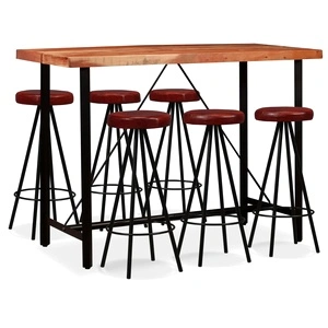 Бар комплект, 7 части, акациево дърво масив и естествена кожа