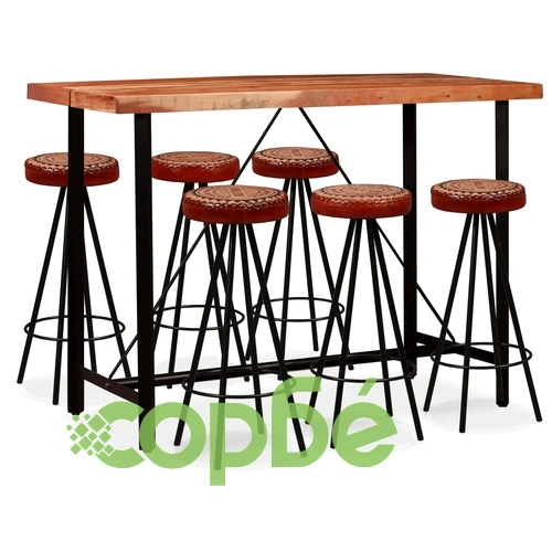 Бар комплект, 7 части, акация масив, естествена кожа и канава ➤ топ цена ➤ sorbe.bg