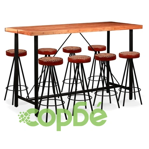 Бар комплект, 9 части, акация масив, естествена кожа и канава ➤ топ цена ➤ sorbe.bg