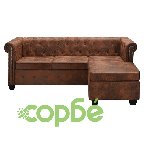 Г-образен Честърфийлд диван изкуствен велур кафяв ➤ топ цена ➤ sorbe.bg