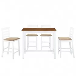 Комплект бар маса и столове, 5 части, дървен масив, кафяв и бял