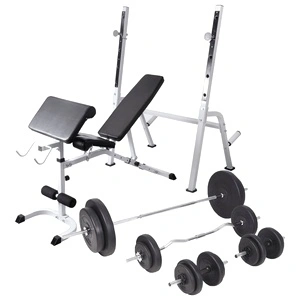 Комплект лежанка със стойка за лост, щанга и дъмбели, 90 кг