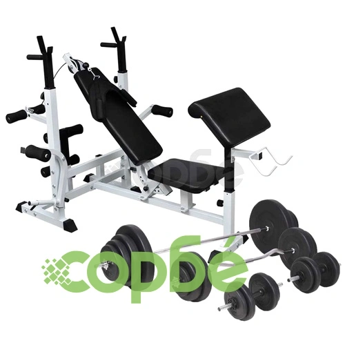 Комплект лежанка със стойка за лост, щанга и дъмбели, 120 кг ➤ топ цена ➤ sorbe.bg