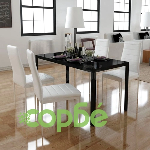 Трапезен комплект, 5 части, изкуствена кожа, черно и бяло ➤ топ цена ➤ sorbe.bg