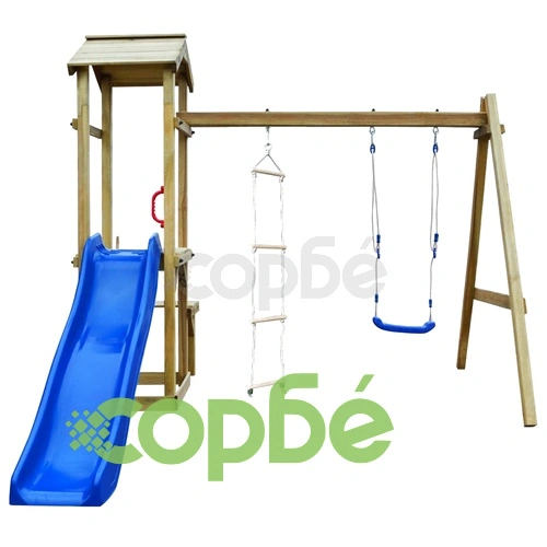 Детско съоръжение с пързалка и люлка, 238x228x218 см, дърво ➤ топ цена ➤ sorbe.bg