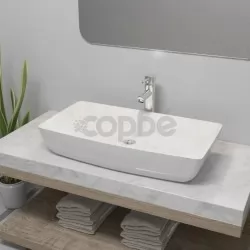 Мивка за баня със смесител, керамична, правоъгълна, бяла