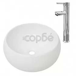 Мивка за баня със смесител, керамична, кръгла, бяла