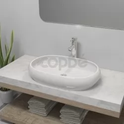 Мивка за баня със смесител, керамична, овална, бяла