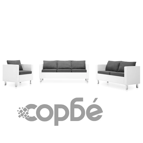 Комплект дивани, 3 бр, изкуствена кожа, бяло и светлосиво ➤ топ цена ➤ sorbe.bg