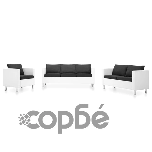 Комплект дивани, 3 бр, изкуствена кожа, бяло и тъмносиво ➤ топ цена ➤ sorbe.bg