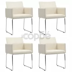 Трапезни столове, 4 бр, имитация на лен, бели, текстил
