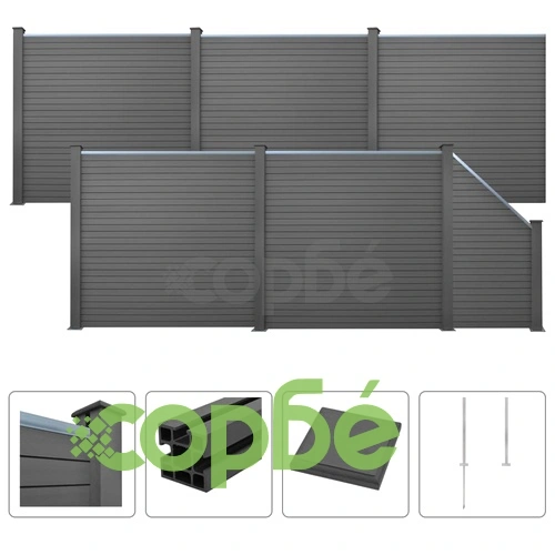 Комплект WPC ограда, 5 квадратни + 1 скосена, 973x187 см, сива ➤ топ цена ➤ sorbe.bg