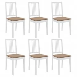 Трапезни столове с тапицерия, 6 бр, бели, масивна дървесина 