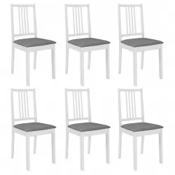 Трапезни столове с тапицерия, 6 бр, бели, масивна дървесина