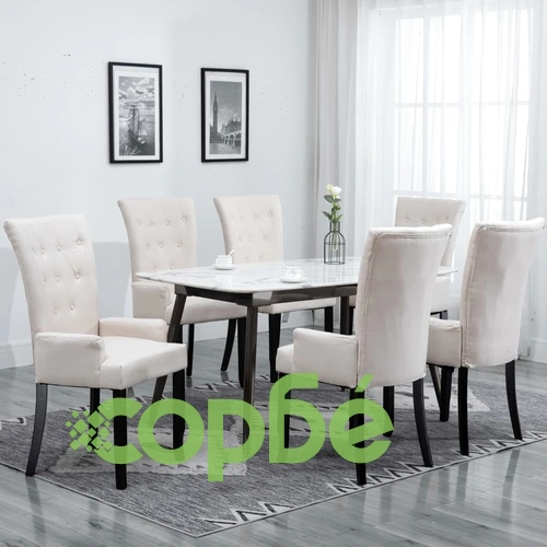 Трапезни столове с подлакътници, 6 бр, бежови, текстил ➤ топ цена ➤ sorbe.bg