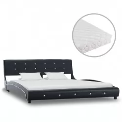 Легло с матрак, черно, изкуствена кожа, 160x200 cм