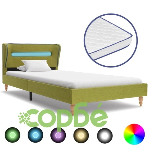Легло с LED и матрак от мемори пяна, зелено, плат, 90x200 см ➤ топ цена ➤ sorbe.bg