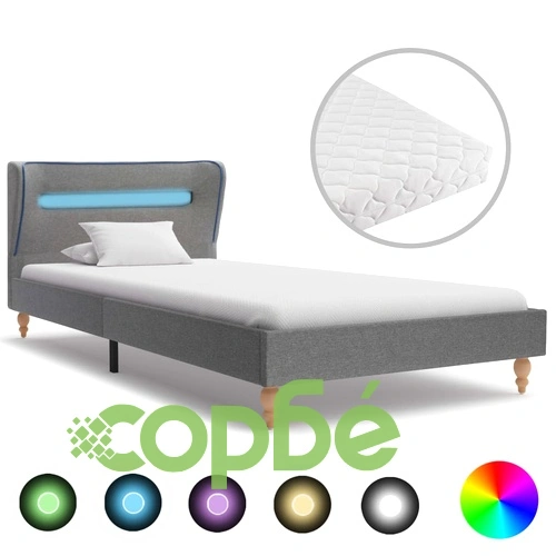 Легло с LED и матрак, светлосиво, плат, 90x200 см ➤ топ цена ➤ sorbe.bg