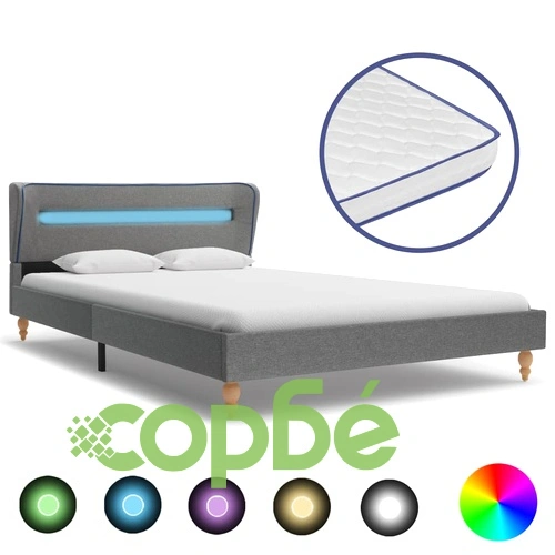 Легло с LED и матрак от мемори пяна светлосиво плат 140x200 см ➤ топ цена ➤ sorbe.bg
