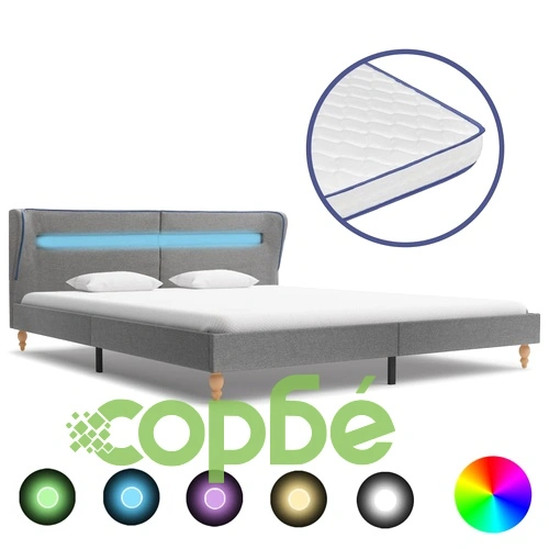 Легло с LED и матрак от мемори пяна светлосиво плат 160x200 cм ➤ топ цена ➤ sorbe.bg