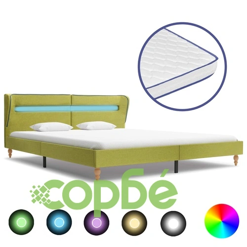 Легло с LED и матрак от мемори пяна, зелено, плат, 160x200 cм ➤ топ цена ➤ sorbe.bg